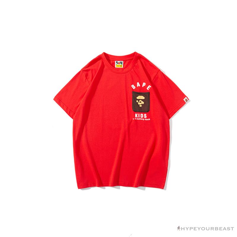 BAPE KIDS Small Net Pocket Ape Man Head Tee Shirt 'RED'