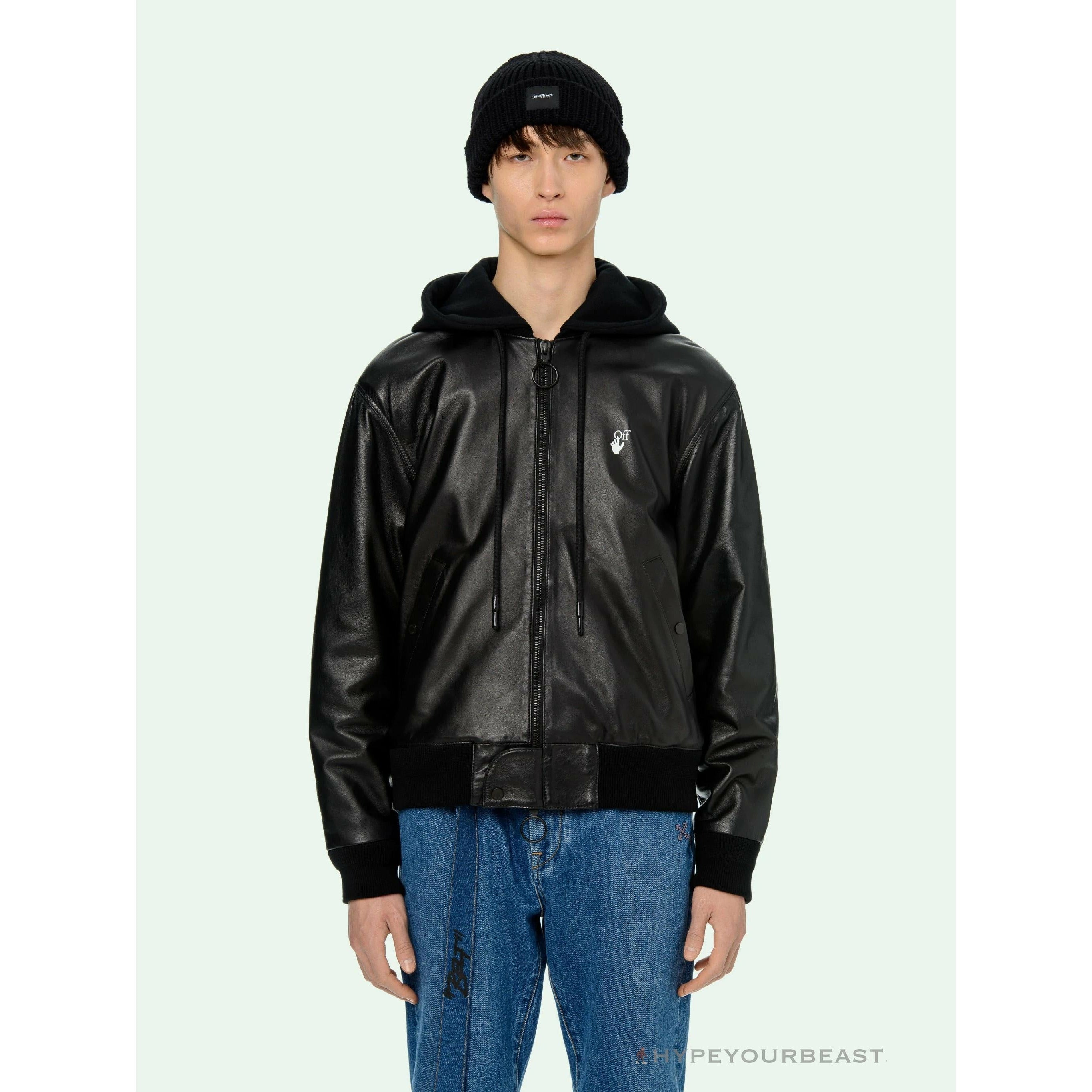 OFF-WHITE 20FW New Logo Hooded Leather Jacket Black